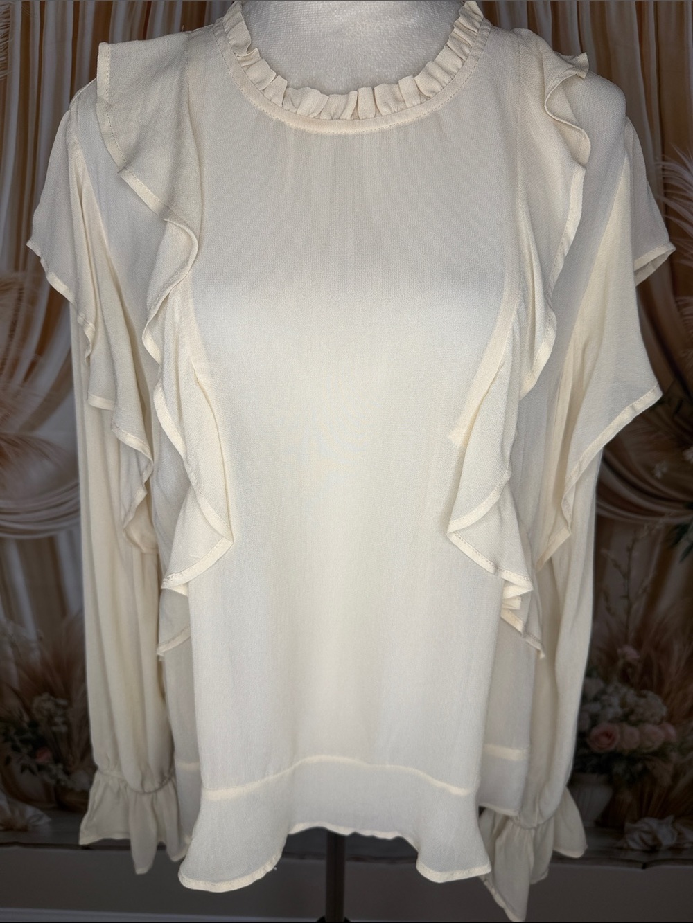 Next Cream Ruffle-Trim Long Sleeve Blouse